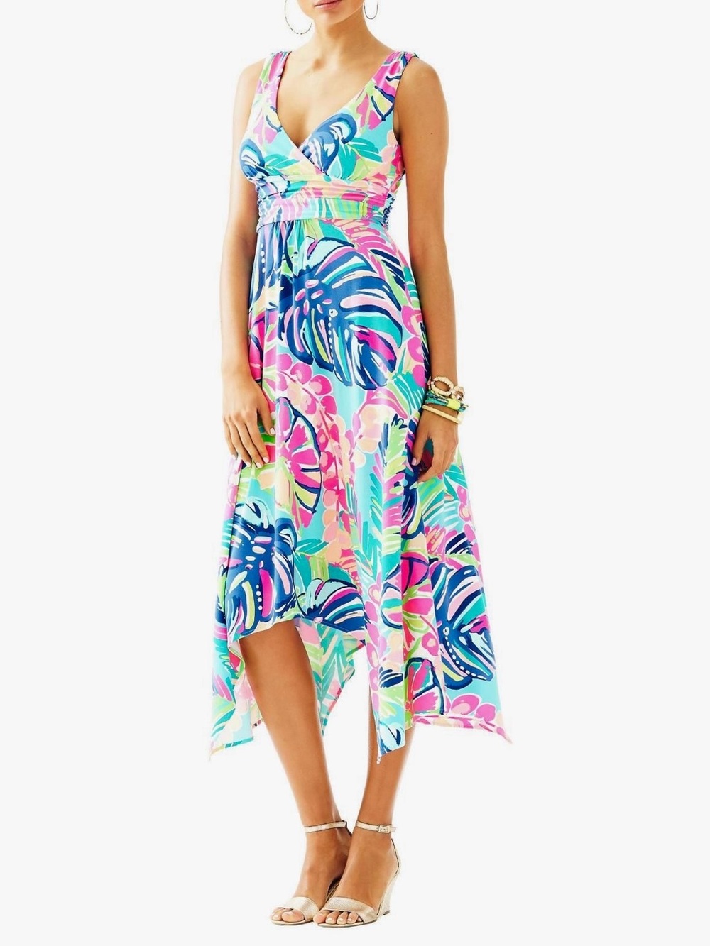 Lilly Pulitzer Sloane Multi Exotic Garden Handkerchief Hem Midi Dress - Large